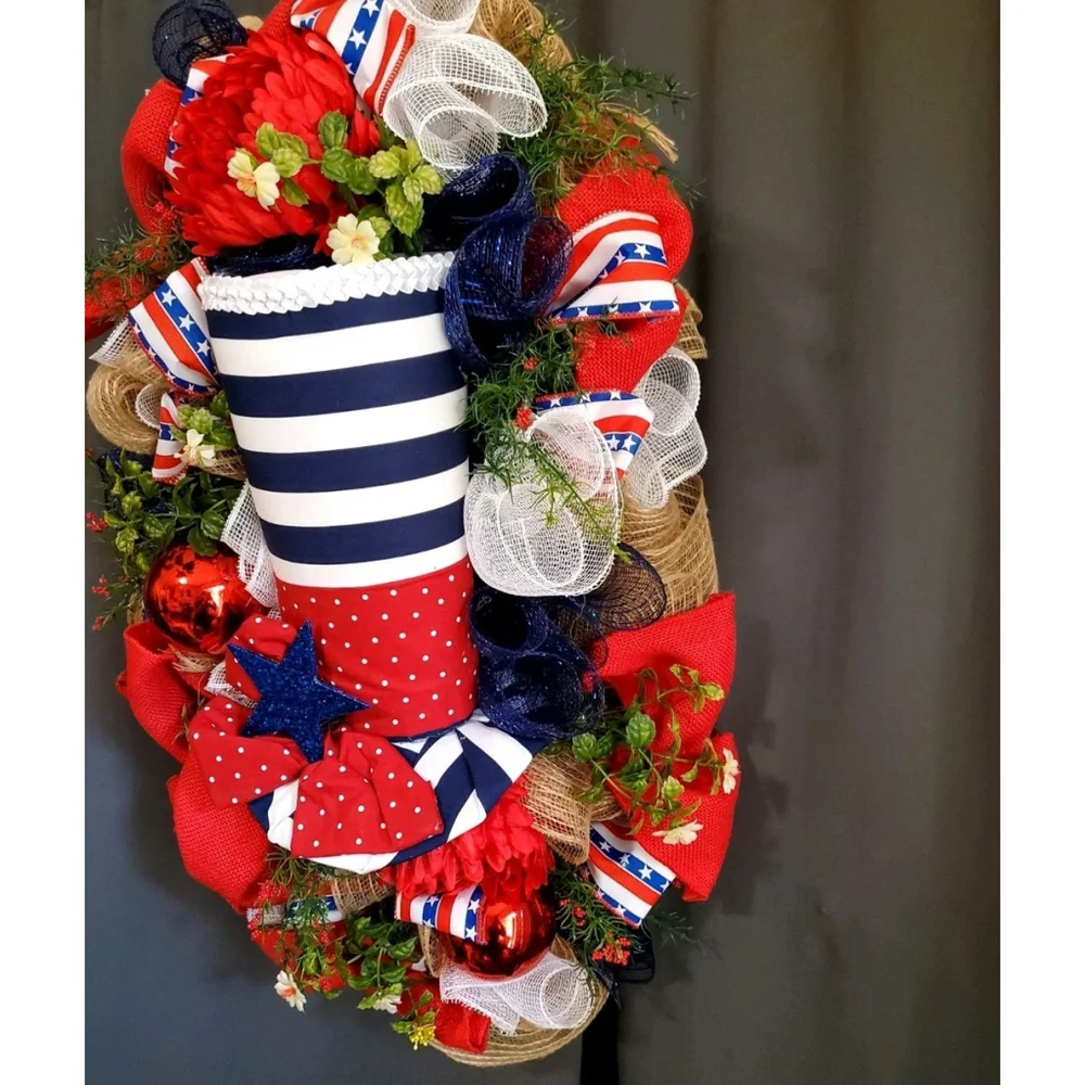 Patriotic 4th of July Memorial Day Hat Hanging Door Wreath 29
